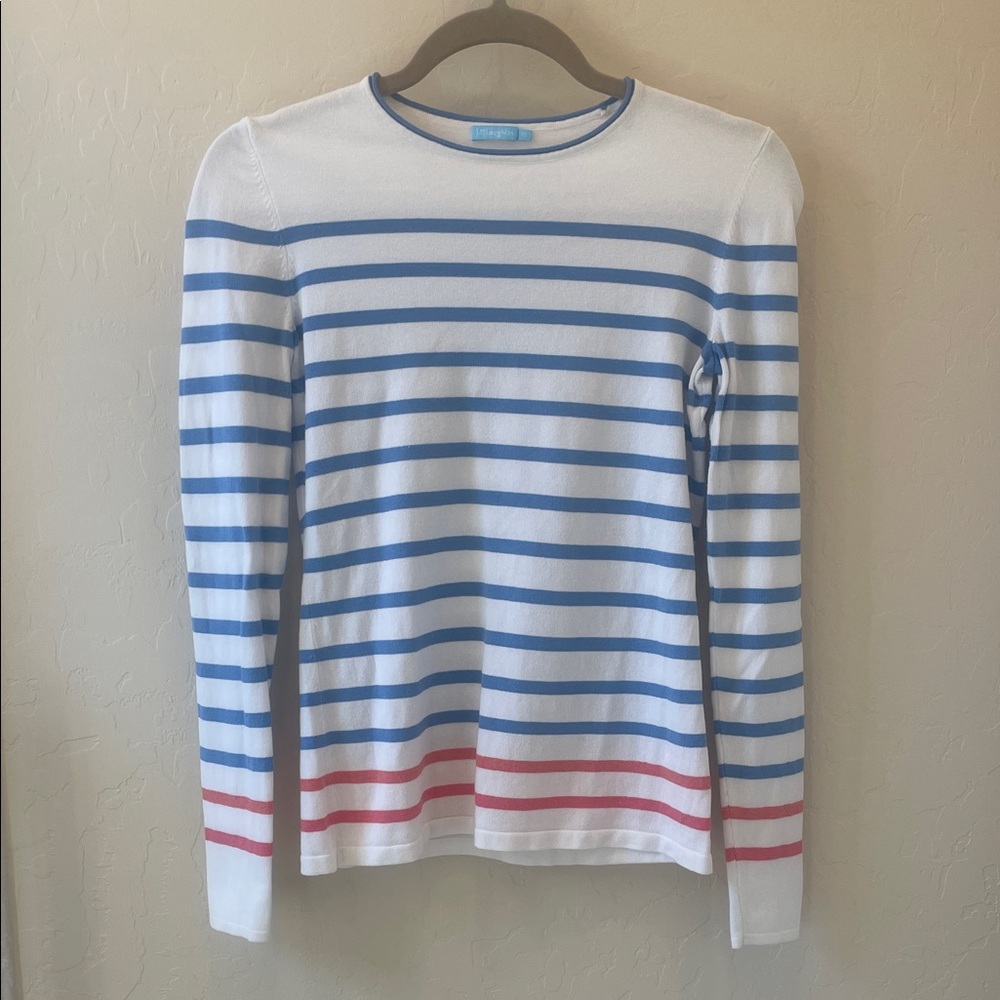 Striped Long-Sleeve Crewneck Shirt - White with Blue & Orange Stripes